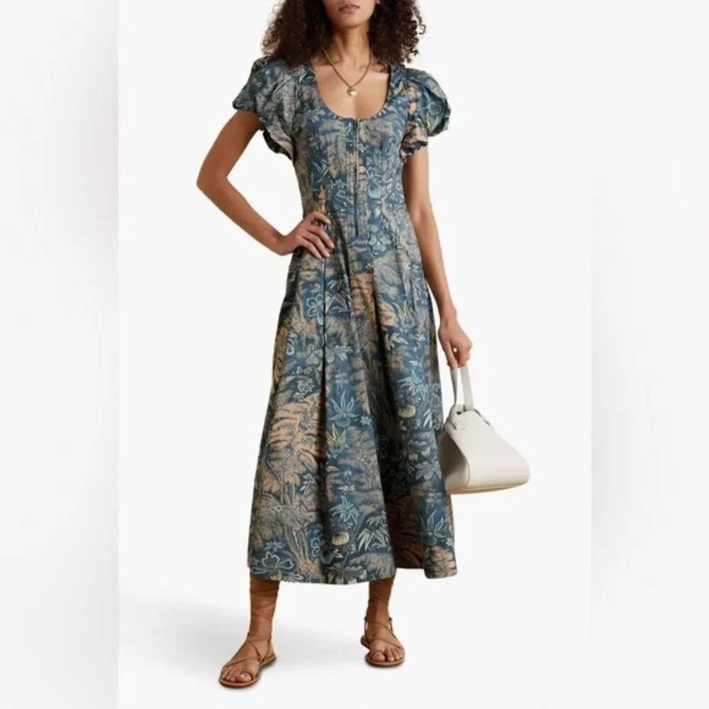 EUC Ulla Johnson Malie Pleated Printed Cotton Poplin Dress Size 8